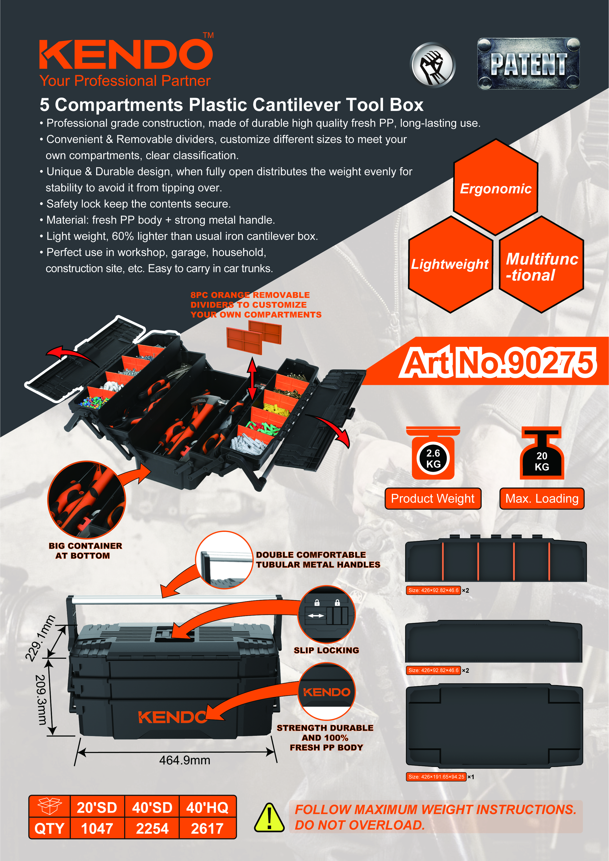 กล่องเครื่องมือพลาสติก 5 ช่อง cantilever